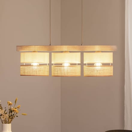 Duolla Hanglamp Treeon, 3-lamps, hout, jute, naturel/ecru