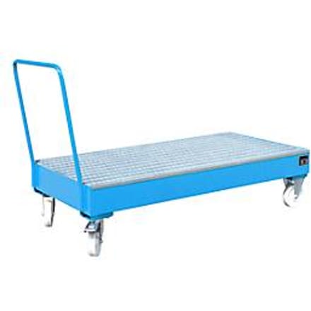 Stalen lekbak met wielen + greep, 1800 x 800 mm, blauw RAL 5012