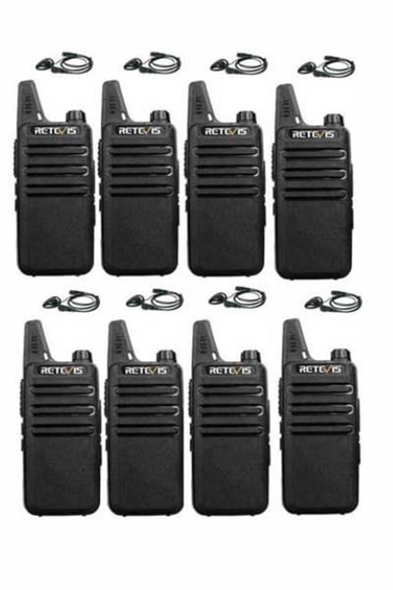 Set van 8 Retevis RT622 vergunning vrije UHF mini portofoons met D-shape oortje
