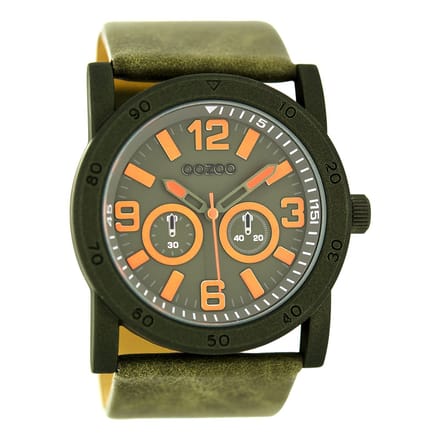OOZOO Timepieces - Zwarte horloge met donker groene leren band - C8307