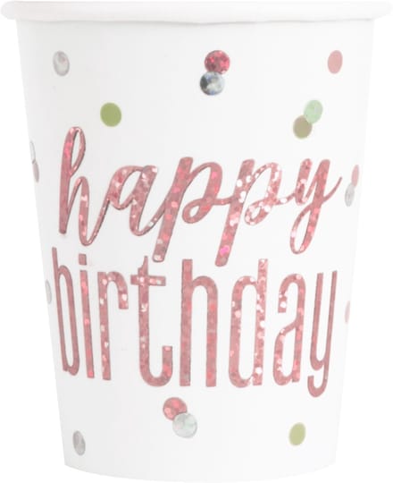 UNIQUE - 8 kartonnen bekers Happy Birthday wit en roze glitter 266 ml met stippen