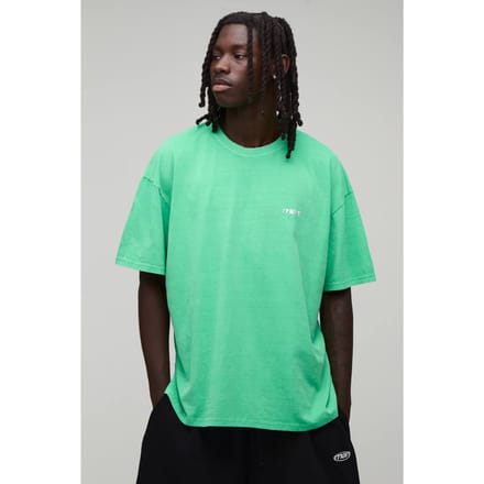 Oversized Heren Sport Geborduurd Gewassen T-shirt | Bright Green | Size Medium