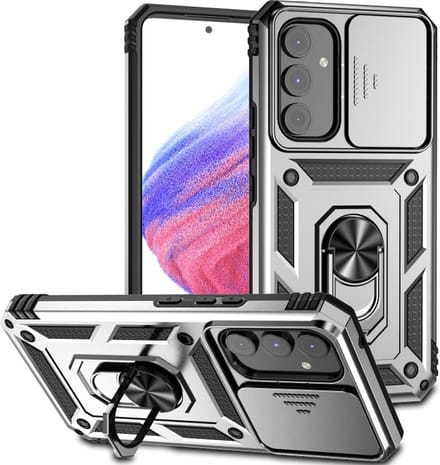 MobyDefend Hoesje - Geschikt voor Samsung Galaxy A14 - Pantsercase Met Draaibare Ring - Zilvergrijs