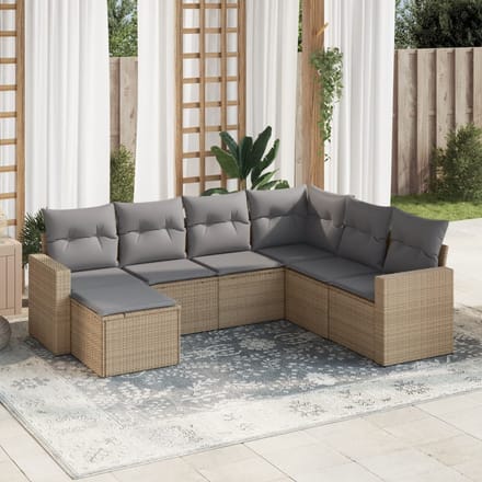 vidaXL - 7-delige - Loungeset - met - kussens - poly - rattan - beige