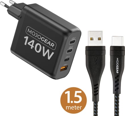 MOJOGEAR CHARGE+ 140 Watt oplader met USB naar USB-C kabel 1,5 meter - Oplader voor laptop, smartphone, Samsung, Android, iPhone - 3x usb c / 1x usb - Zwart