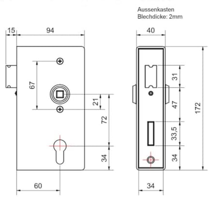 Slotkast 40 mm voor tuindeuren - Complete set met drukknop en cilinder