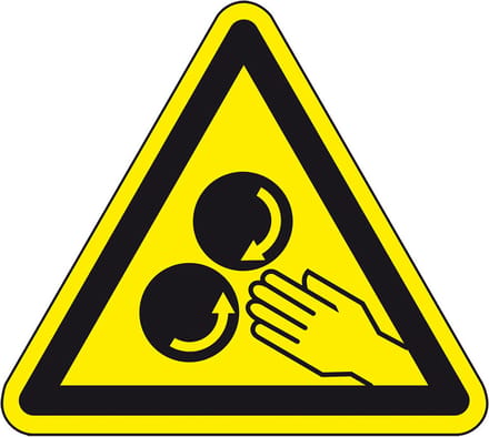 Hand tussen draaiende rollen waarschuwingssticker 300 mm