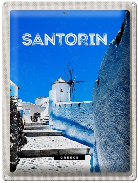 Blechschild Reise 30x40cm Santorini Griechenland weiße Treppen