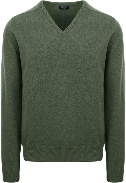 William Lockie Trui Lamswol V-Hals Olijfgroen - Maat M - Heren - Pullovers