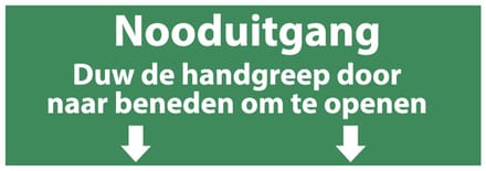 Nooduitgang, duw de handgreep naar beneden sticker met tekst 200 x 75 mm