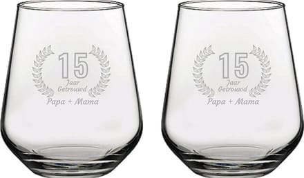 Gegraveerde set Drinkglazen 42,5cl Papa + Mama 15 jaar getrouwd