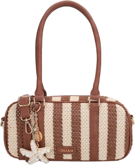 Charm London Capri Handtas - Schoudertas - Gestreept - Bag Charm - Rietlook - Dames - Mokka
