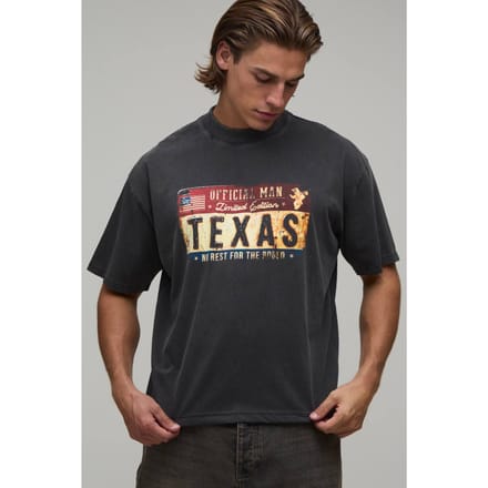 Oversized Boxy Gewassen T-shirt Met Texas Kentekenplaat | Washed Black | Size Medium