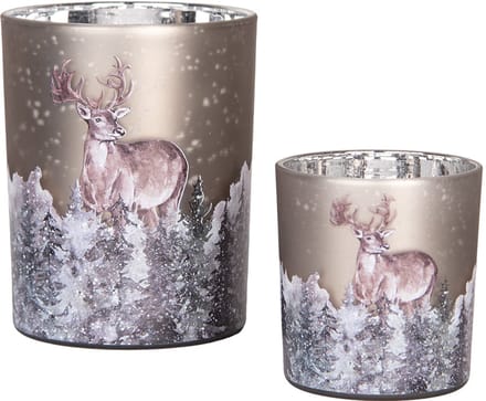 Clayre & Eef Theelichthouder Set van 2 Ø 7x8 / 10x13 cm Grijs Glas Hert