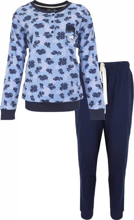 Medaillon Dames Pyjama - Katoen - Polo Sluiting - Blauw - Maat L