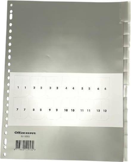 Office Depot Tabbladen A4 Grijs 12 tabs 23-gaats polypropyleen blanco
