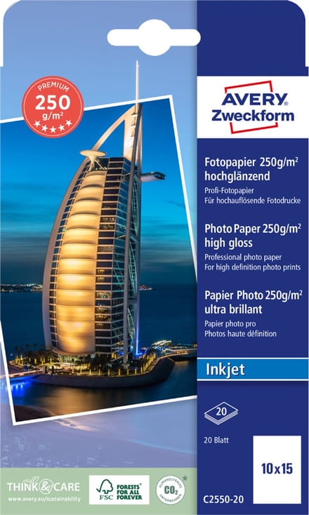 Avery C2550-20, Hoogglans, 250 g/m², Inkjet, 10x15 cm, Wit, 20 vel