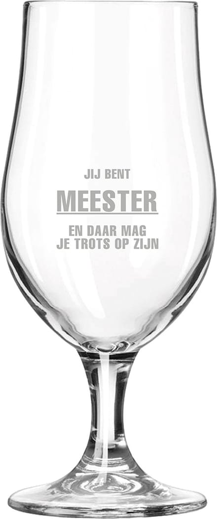 Gegraveerde bierglas op voet 49cl Jij bent Meester en daar mag je trots op zijn