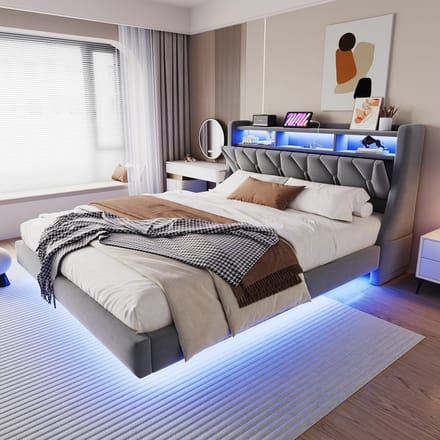 MODFU Bedframe 180x200 cm – Opklapbaar hoofdbord met LED & stopcontact – Grijs fluweel