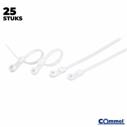 25x Commel Kabelbinders met Bevestigingsoog - ⌀6.2 mm - 381 x 7.6 mm - Wit - Nylon - Treksterkte 55kg