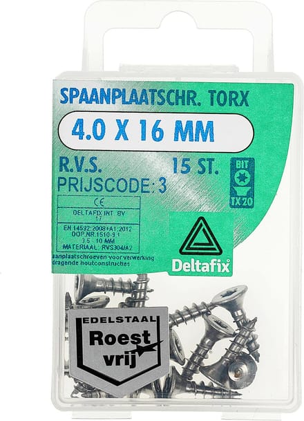 Deltafix spaanplaatschroef platkop / torx r.v.s. a2 4.0 x 16 mm 15 st.