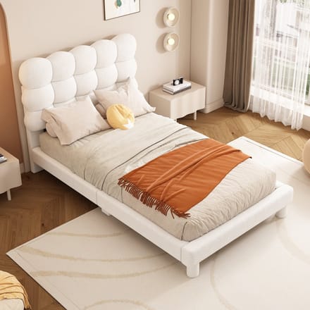 MODENUIT Gestoffeerd Bed 90x200 cm – Verstelbaar Hoofdbord – Zonder matras – Eenpersoonsbed – Pluche en MDF – Wit