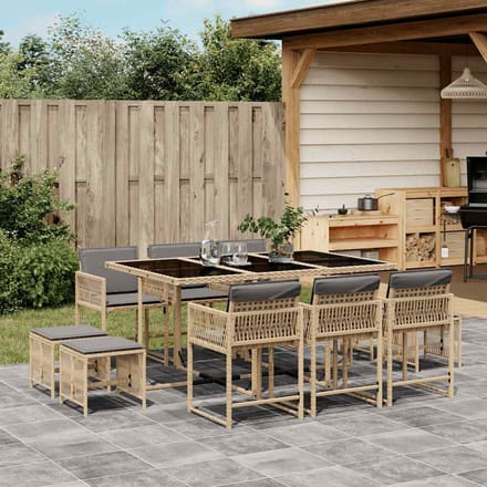 vidaXL - 11-delige - Tuinset - met - kussens - poly - rattan - gemengd - beige