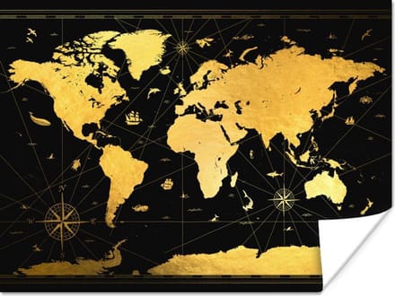 Poster - Wereldkaart - Luxe - Goud - 40x30 cm