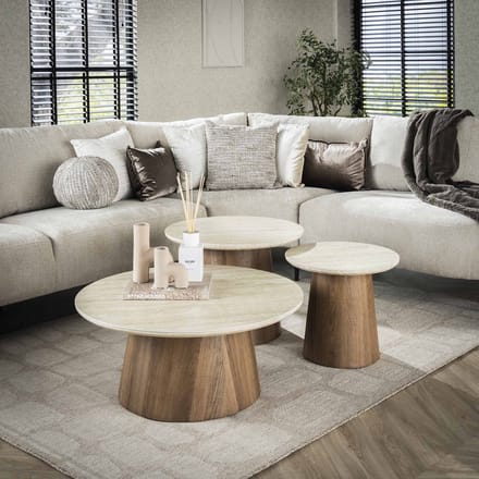 Set van 3 ronde salontafels Jimi travertin blad met walnoot onderstel