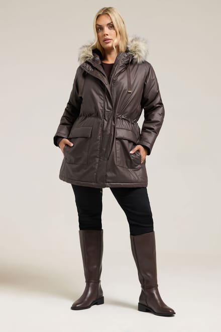 Yours Bruine Gewaxte Parka Met Imitatiebontafwerking Size 48