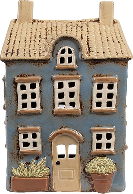 Clayre & Eef Waxinelichthouder Huis 16x10x23 cm Blauw Beige Keramiek