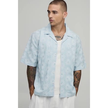 Oversized Geborduurd Shirt Met Korte Mouwen En Reverskraag | Light Blue | Size Medium