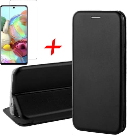Hoesje geschikt voor Samsung Galaxy A71 - Screen Protector GlassGuard - Book Case Kunstleer ThinShield Zwart & Screenprotector