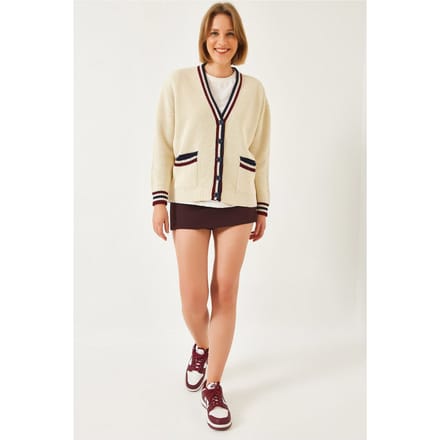 Gepatternde V-hals Ribgebreide Cardigan met Zakken