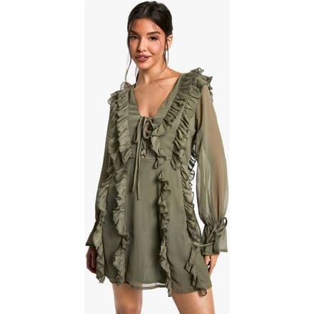 boohoo Dames Crinkle Chiffon Ruffle Shift Jurk | Dark Olive | Maat: 8