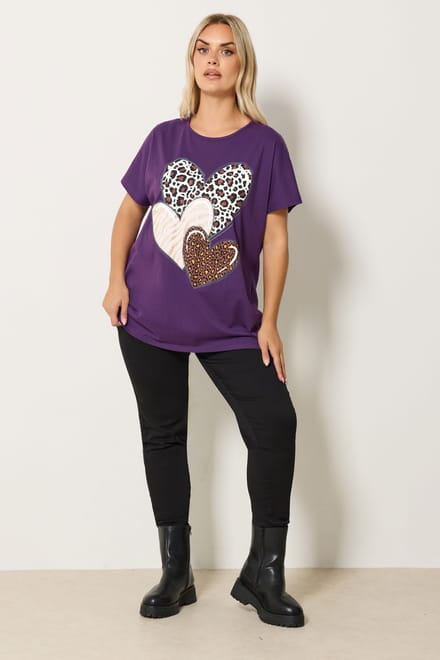 Yours Paars Tshirt Met Glitter En Dierenhart Size 48