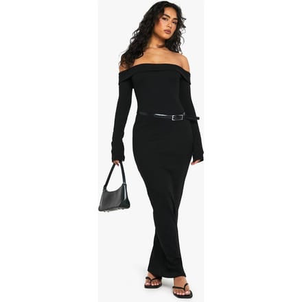 boohoo Dames Basic Rib Bardot Maxi | Black | Maat: 16