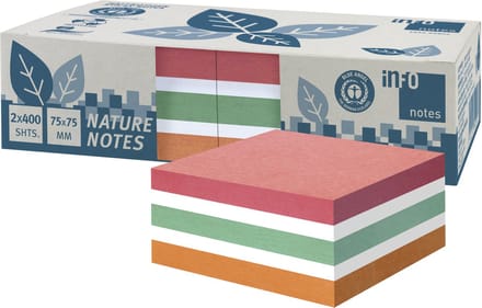Info notes memoblok - formaat 75x75mm - assorti kleuren - gerecycled - doos 2x 400 vel - IN-5654-96BOX