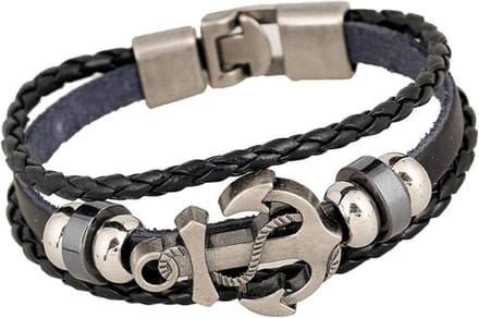 Fako Bijoux® - Leren Armband - Leder Exclusive - Anker - 20cm - Zwart