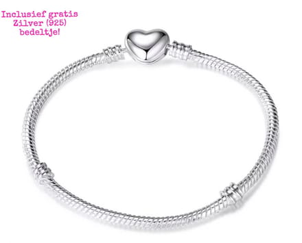 Estacks | Verzilverde Bedelarmband | GRATIS 925 BEDEL | 18 cm | Hart | Moederdag / Valentijn Cadeau Tip |