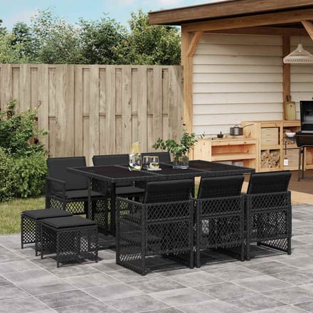 vidaXL - 11-delige - Tuinset - met - kussens - poly - rattan - zwart