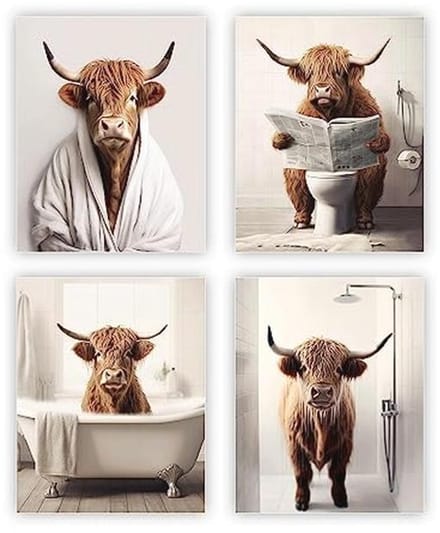 Grappige Highland Koe Badkamer Decor - Rustieke Boerderij Posters Set van 4