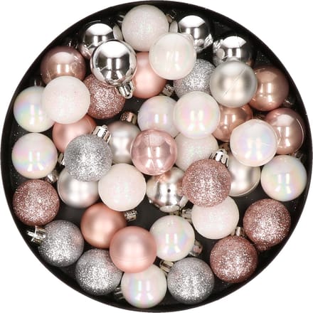 Decoris Mini kerstballen - 42x - lichtroze - parelmoer wit - zilver - D3 cm - kunststof - onbreekbaar - kerstversiering