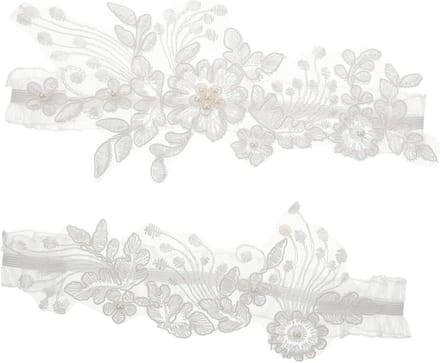 Bruids Kousenband - Been Decoratie - Bruiloft Accessoire - Kant en Parels - 21 cm - Wit