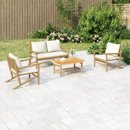 vidaXL - 4-delige - Loungeset - met - kussens - bamboe - crèmewit