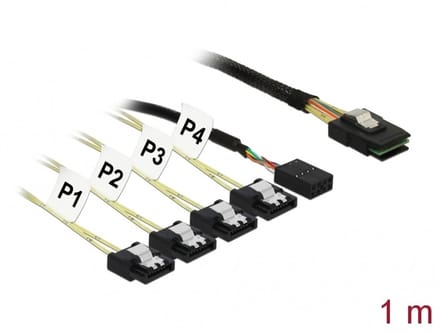 Delock Cable Mini SAS SFF-8087 > 4 x SATA 7 pin Reverse + Sideband 1 m