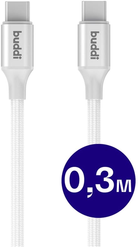 Buddi Flex - Korte USB-C naar USB-C Kabel 60W Fast Charge 20V/3A - Power Delivery - Dataoverdracht - Gevlochten Nylon - 0,3M - Wit