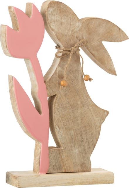 J-Line decoratie Konijn Met Bloem - hout - roze - large
