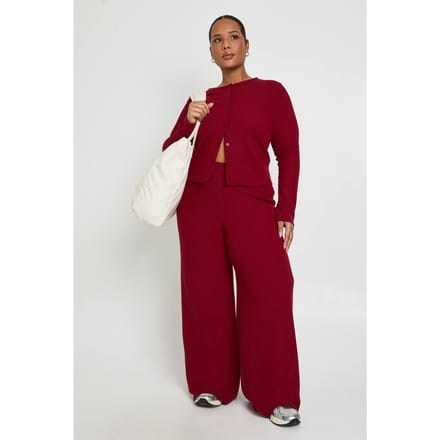 boohoo Dames Plus Size Geribbeld Vest met Knopen en Broek Co-Ord | Wijn | Maat: 52