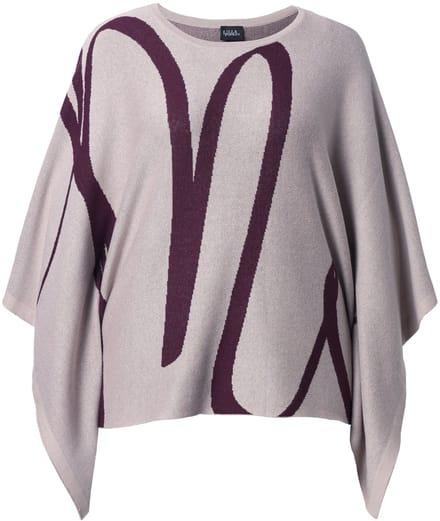 Ulla Popken - Dames - Gebreide poncho penseelstreek oversized ronde hals - Grijsbeige - Maat 2+